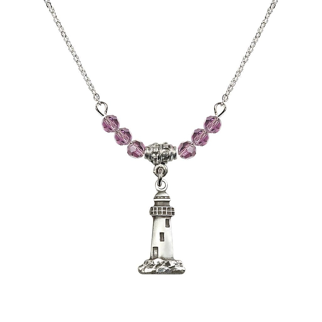 Bliss 4mm Light Amethyst Crystal Beads featuring a Sterling Silver Lighthouse Medal, Medal Measures 3/4-inch tall by 3/8-inch wide