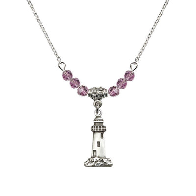 4mm Light Amethyst Crystal Beads featuring a Sterling Silver Lighthouse Medal, Medal Measures 3/4-inch tall by 3/8-inch wide, Bliss Manufacturing