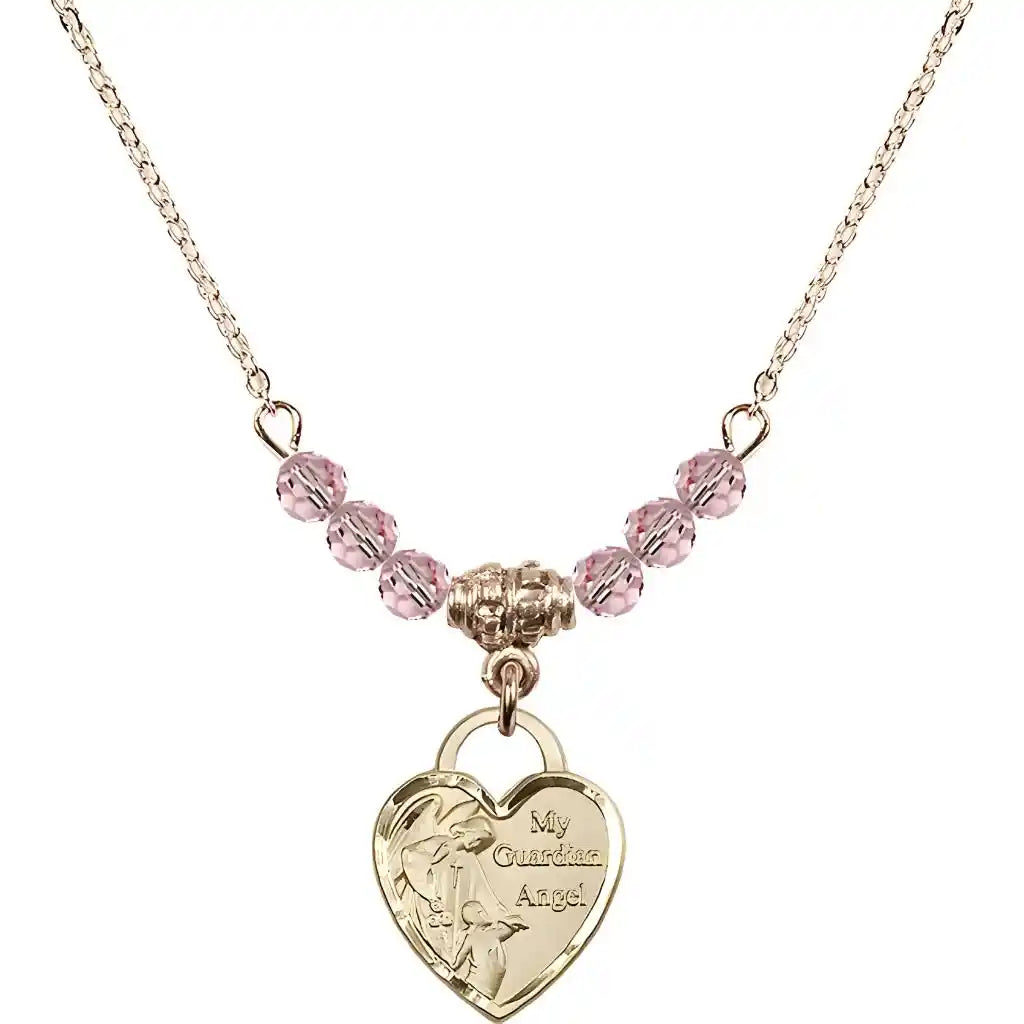 Bliss Heart Shaped Guardian Angel 14kt Gold-filled medal, Birthstone 4mm Austrian Crystal Light Rose Beads