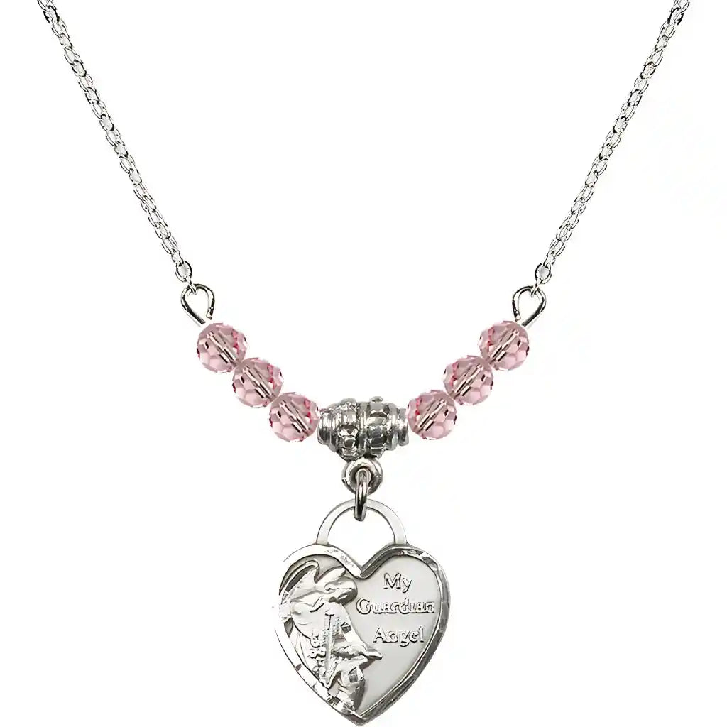 Bliss Small Heart Shaped Guardian Angel Sterling Silver medal, Birthstone 4mm Austrian Crystal Light Rose Beads