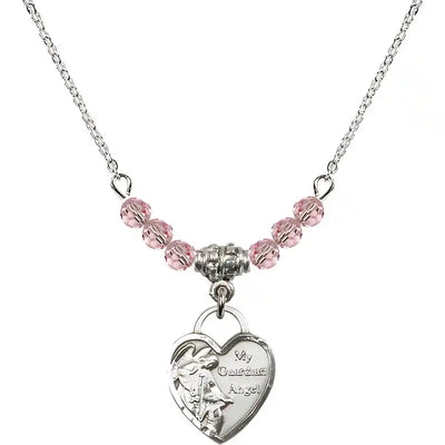 Bliss Small Heart Shaped Guardian Angel Sterling Silver medal, Birthstone 4mm Austrian Crystal Light Rose Beads