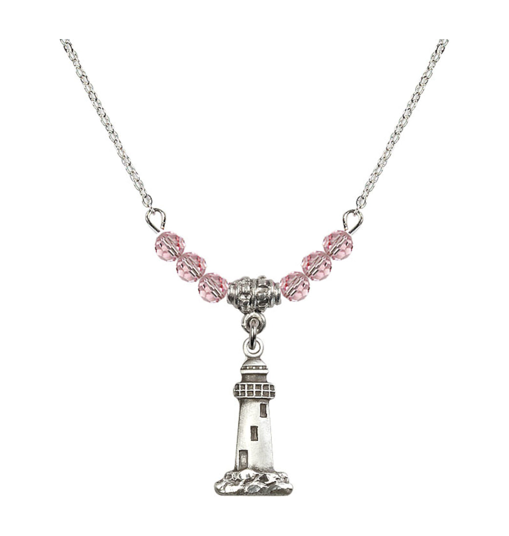 Bliss 4mm Light Rose Crystal Beads featuring a Sterling Silver Lighthouse Medal,