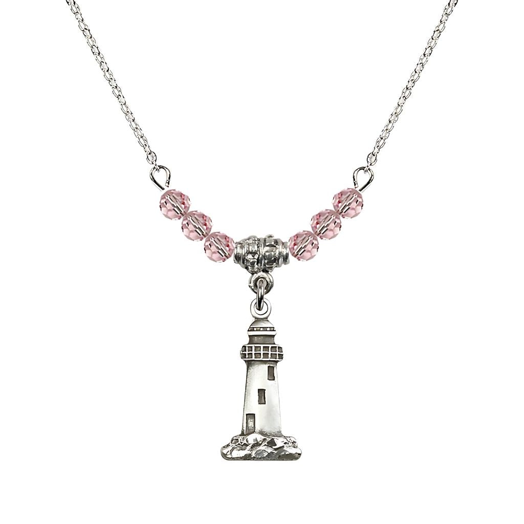 Bliss 4mm Light Rose Crystal Beads featuring a Sterling Silver Lighthouse Medal, Medal Measures 3/4-inch tall by 3/8-inch wide