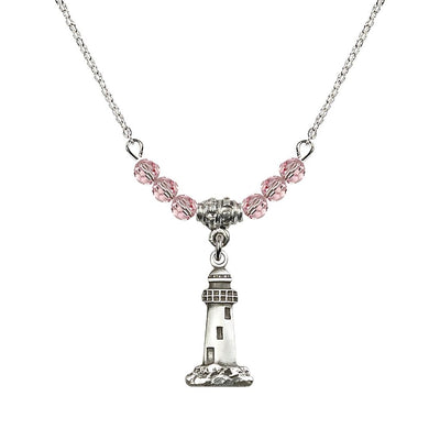 4mm Light Rose Crystal Beads featuring a Sterling Silver Lighthouse Medal, Medal Measures 3/4-inch tall by 3/8-inch wide, Bliss Manufacturing