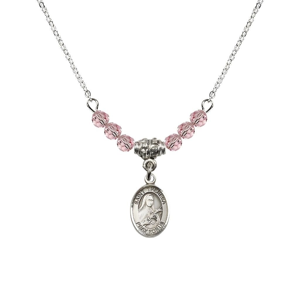 Bliss St. Theresa 4mm Light Rose Austrian Crystal Birthstone Necklace with Sterling Silver Charm,