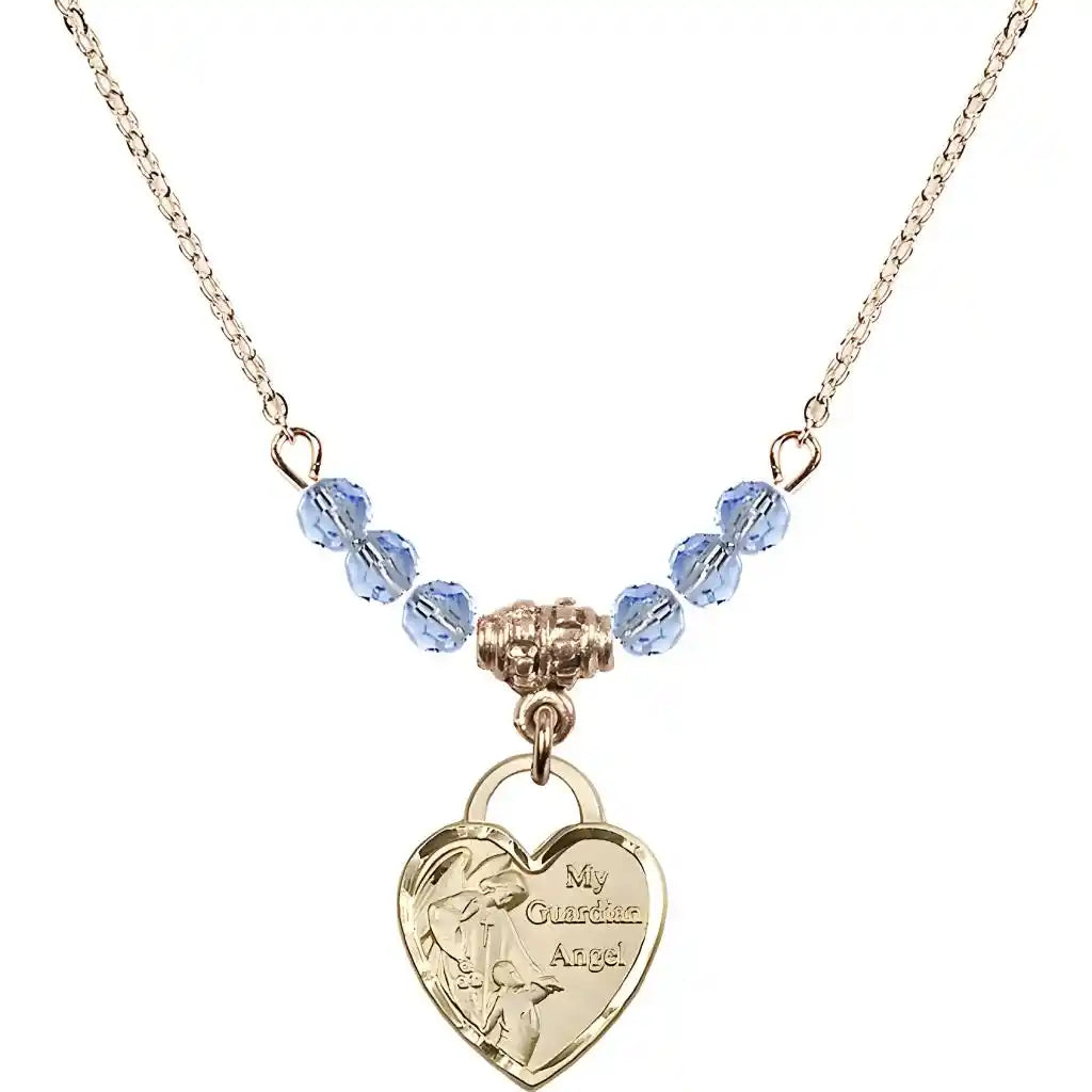 Bliss Heart Shaped Guardian Angel 14kt Gold-filled medal, Birthstone 4mm Austrian Crystal Light Sapphire Beads