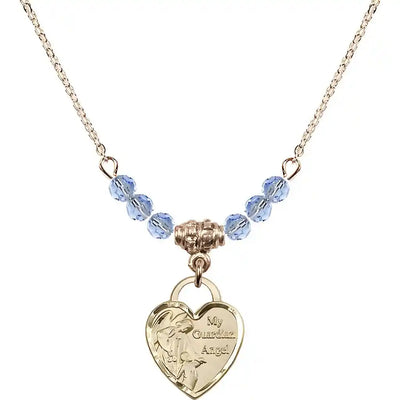 Bliss Heart Shaped Guardian Angel 14kt Gold-filled medal, Birthstone 4mm Austrian Crystal Light Sapphire Beads