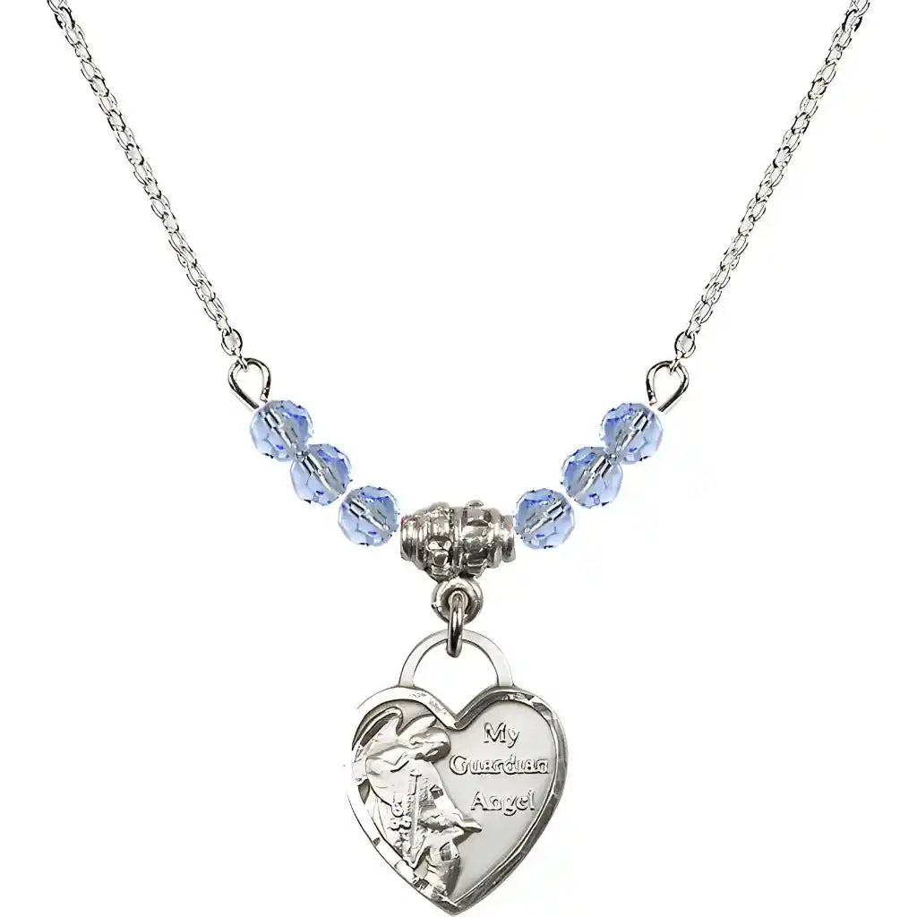 Bliss Small Heart Shaped Guardian Angel Sterling Silver medal, Birthstone 4mm Austrian Crystal Light Sapphire Beads