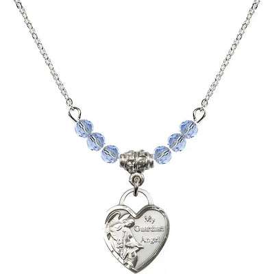 Bliss Small Heart Shaped Guardian Angel Sterling Silver medal, Birthstone 4mm Austrian Crystal Light Sapphire Beads