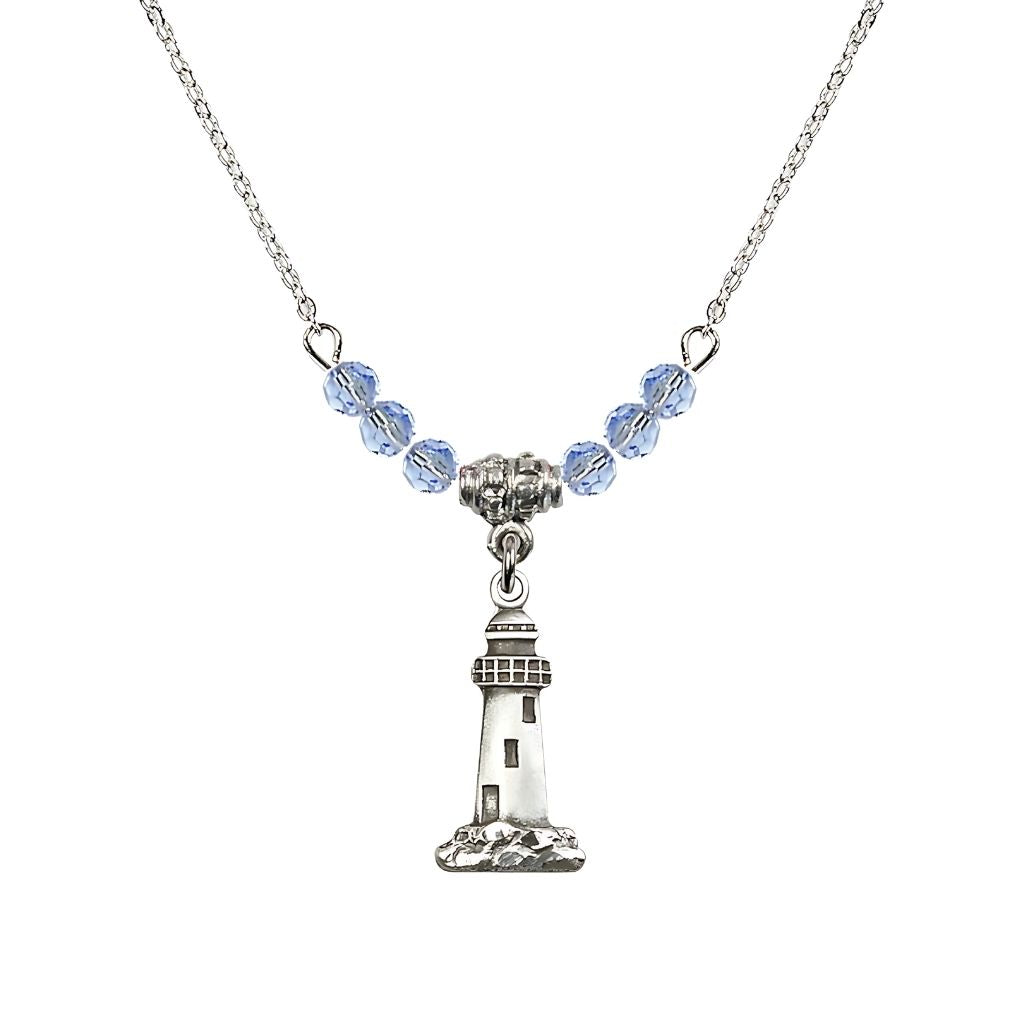 Bliss 4mm Light Sapphire Crystal Beads featuring a Sterling Silver Lighthouse Medal, Medal Measures 3/4-inch tall by 3/8-inch wide