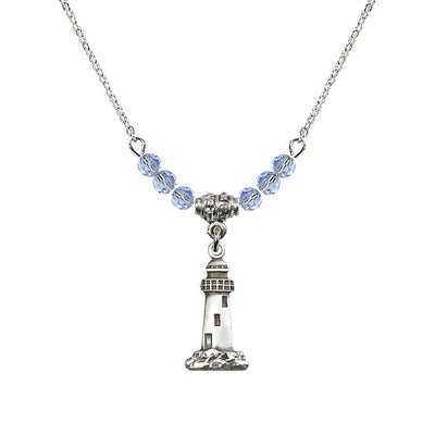 4mm Light Sapphire Crystal Beads featuring a Sterling Silver Lighthouse Medal, Medal Measures 3/4-inch tall by 3/8-inch wide, Bliss Manufacturing