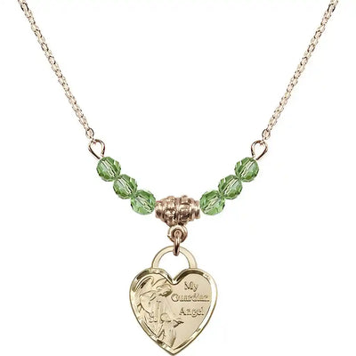 Bliss Heart Shaped Guardian Angel 14kt Gold-filled medal, Birthstone 4mm Austrian Crystal Peridot Beads for August