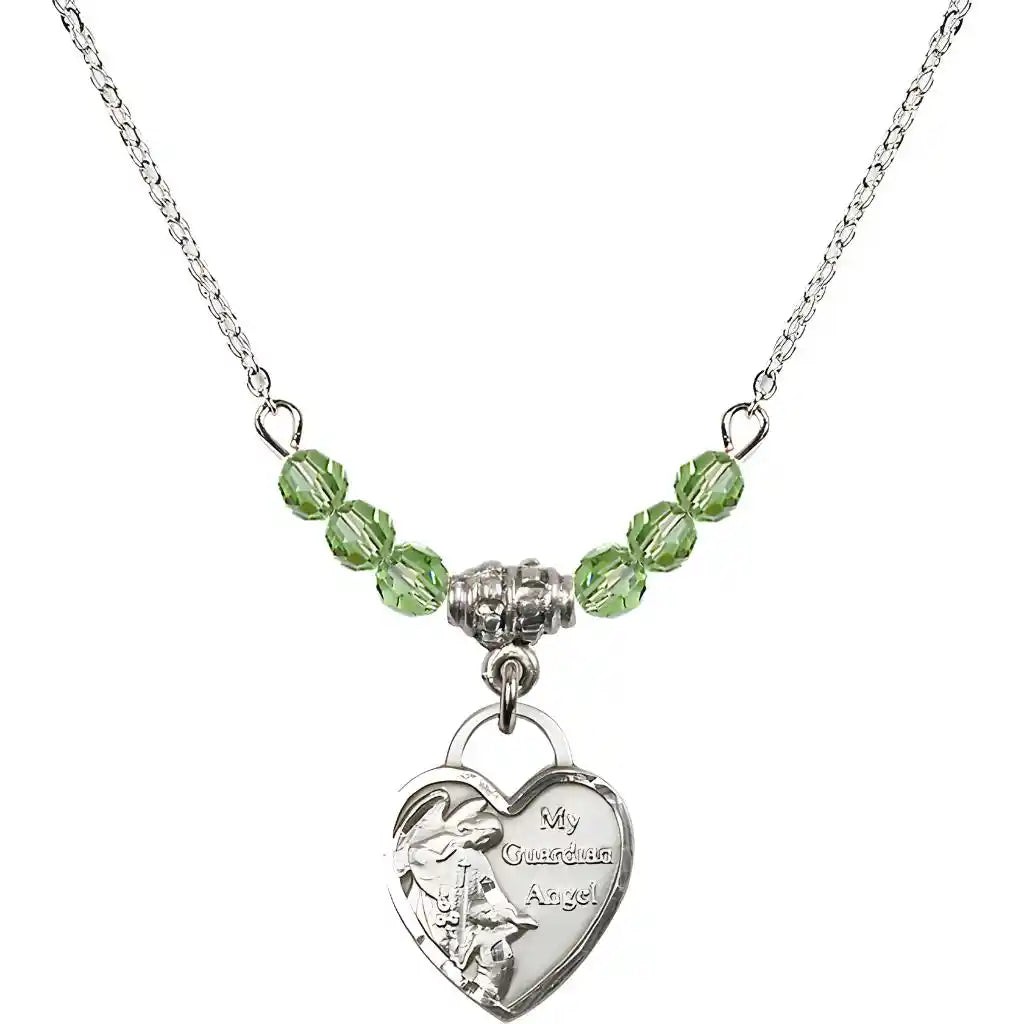 Bliss Small Heart Shaped Guardian Angel Sterling Silver medal, Birthstone 4mm Austrian Crystal Peridot Beads for August