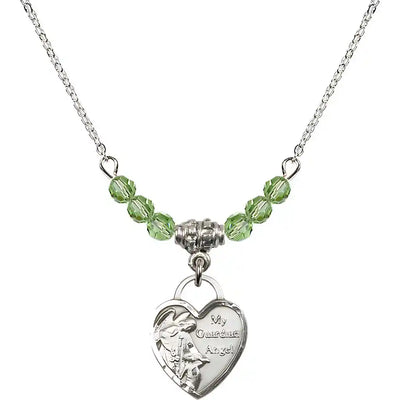 Bliss Small Heart Shaped Guardian Angel Sterling Silver medal, Birthstone 4mm Austrian Crystal Peridot Beads for August