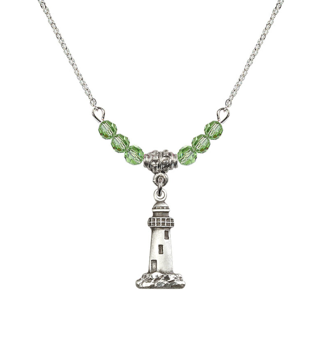 Bliss 4mm Peridot Crystal Beads featuring a Sterling Silver Lighthouse Medal,