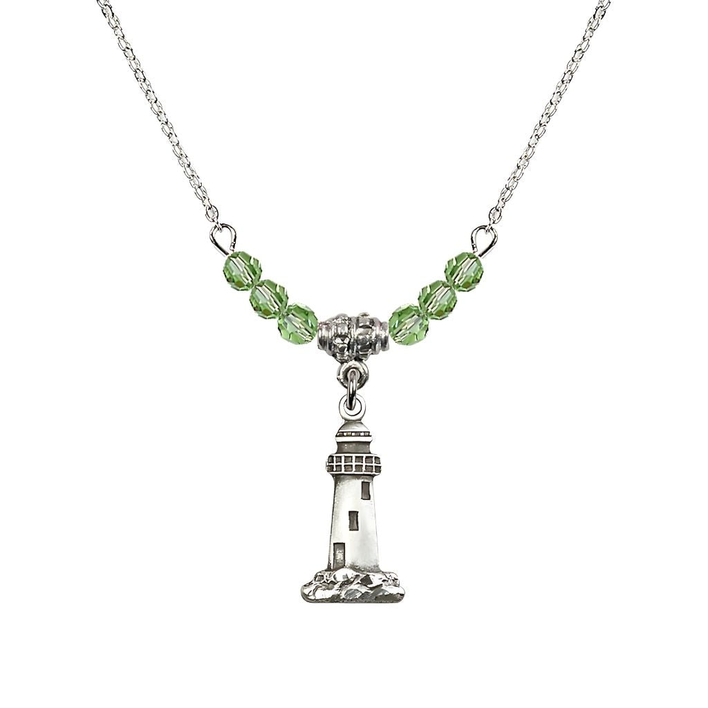 Bliss 4mm Peridot Crystal Beads featuring a Sterling Silver Lighthouse Medal, Medal Measures 3/4-inch tall by 3/8-inch wide