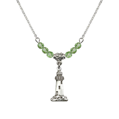 4mm Peridot Crystal Beads featuring a Sterling Silver Lighthouse Medal, Medal Measures 3/4-inch tall by 3/8-inch wide, Bliss Manufacturing