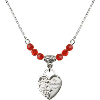 Bliss Small Heart Shaped Guardian Angel Sterling Silver medal, Birthstone 4mm Austrian Crystal Ruby Beads for July
