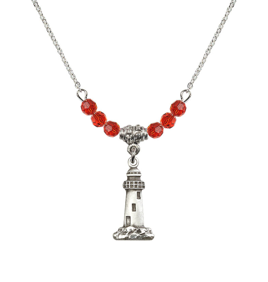 Bliss 4mm Ruby Crystal Beads featuring a Sterling Silver Lighthouse Medal,