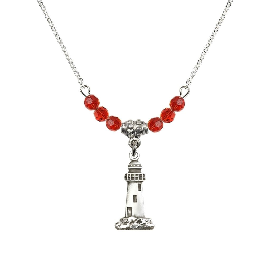 Bliss 4mm Ruby Crystal Beads featuring a Sterling Silver Lighthouse Medal, Medal Measures 3/4-inch tall by 3/8-inch wide