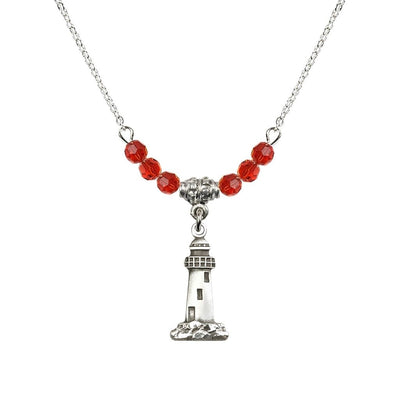 4mm Ruby Crystal Beads featuring a Sterling Silver Lighthouse Medal, Medal Measures 3/4-inch tall by 3/8-inch wide, Bliss Manufacturing