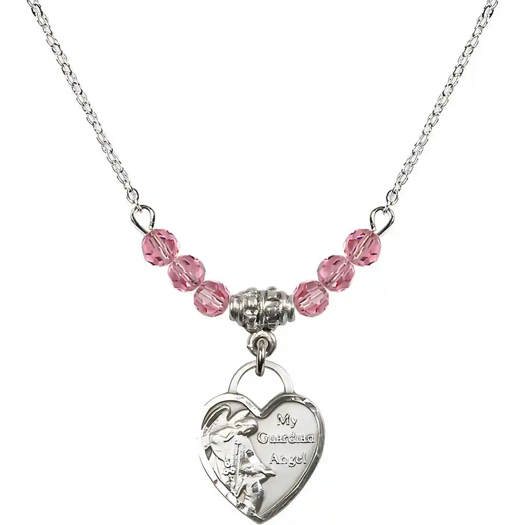 Bliss Small Heart Shaped Guardian Angel Sterling Silver medal, Birthstone 4mm Austrian Crystal Pink Rose Beads for October