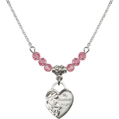 Bliss Small Heart Shaped Guardian Angel Sterling Silver medal, Birthstone 4mm Austrian Crystal Pink Rose Beads for October
