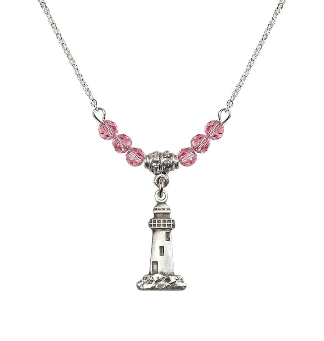 Bliss 4mm Rose Crystal Beads featuring a Sterling Silver Lighthouse Medal,