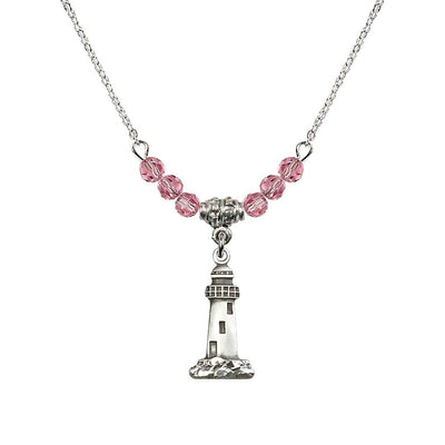 4mm Rose Crystal Beads featuring a Sterling Silver Lighthouse Medal, Medal Measures 3/4-inch tall by 3/8-inch wide, Bliss Manufacturing