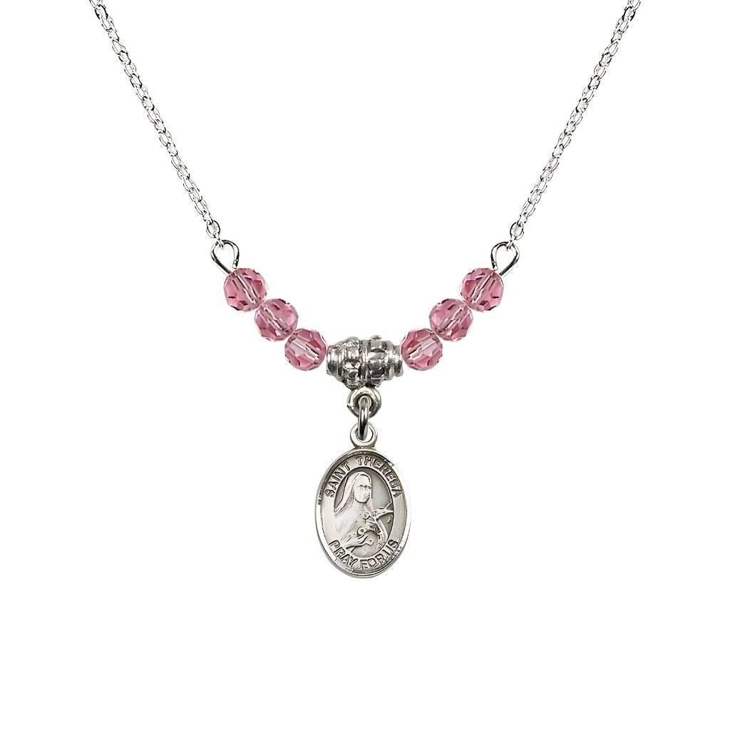 Bliss St. Theresa 4mm Rose Austrian Crystal Birthstone Necklace with Sterling Silver Charm,
