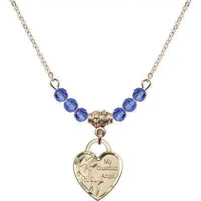 Bliss Heart Shaped Guardian Angel 14kt Gold-filled medal, Birthstone 4mm Austrian Crystal Sapphire Beads for September