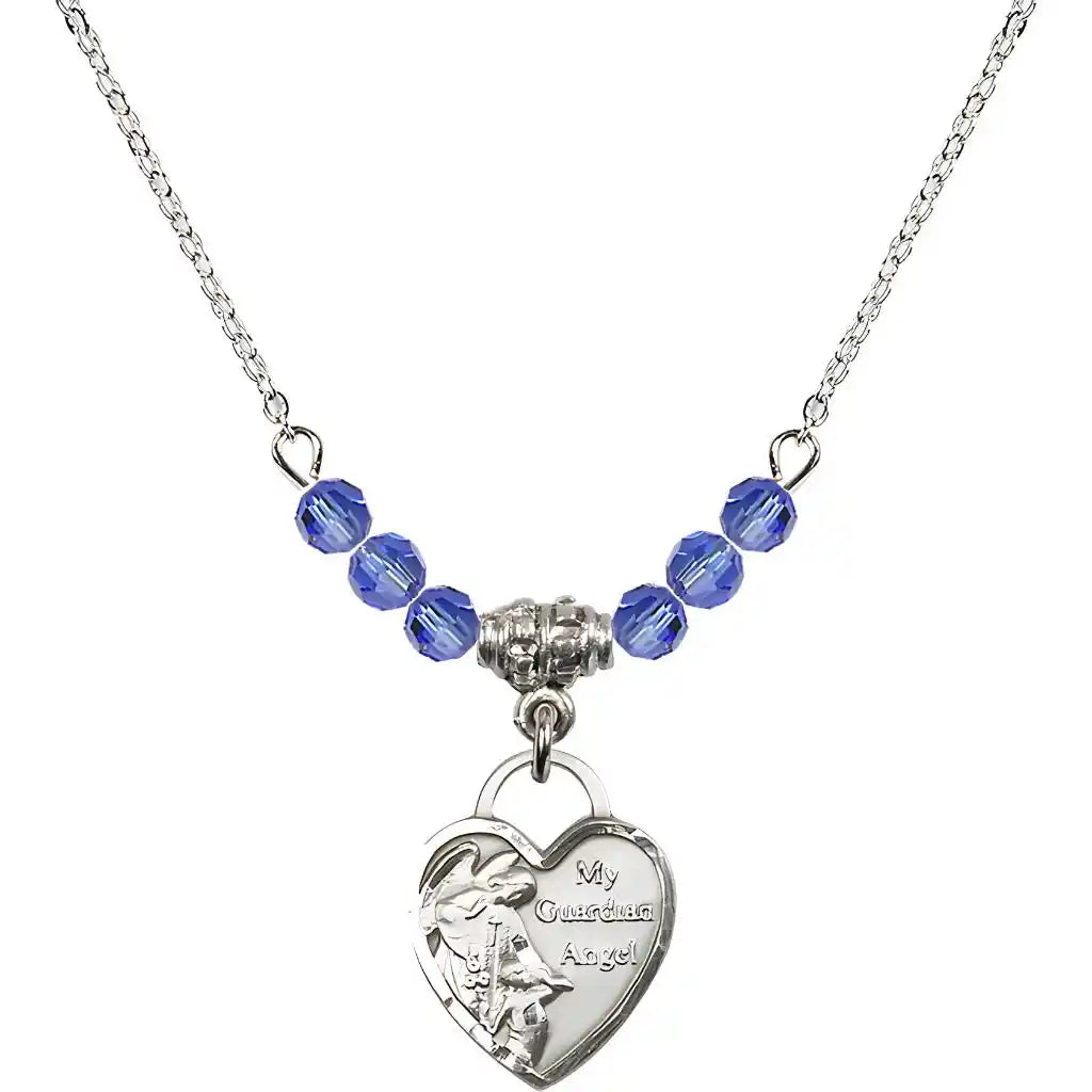 Bliss Small Heart Shaped Guardian Angel Sterling Silver medal, Birthstone 4mm Austrian Crystal Sapphire Beads for September