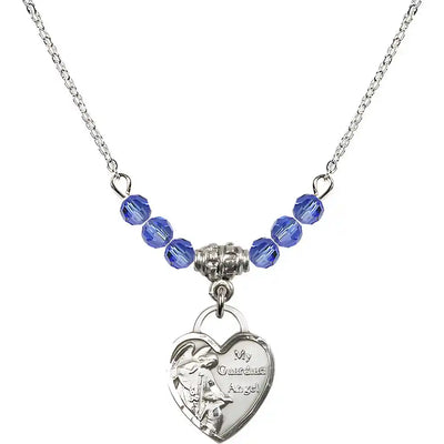 Bliss Small Heart Shaped Guardian Angel Sterling Silver medal, Birthstone 4mm Austrian Crystal Sapphire Beads for September