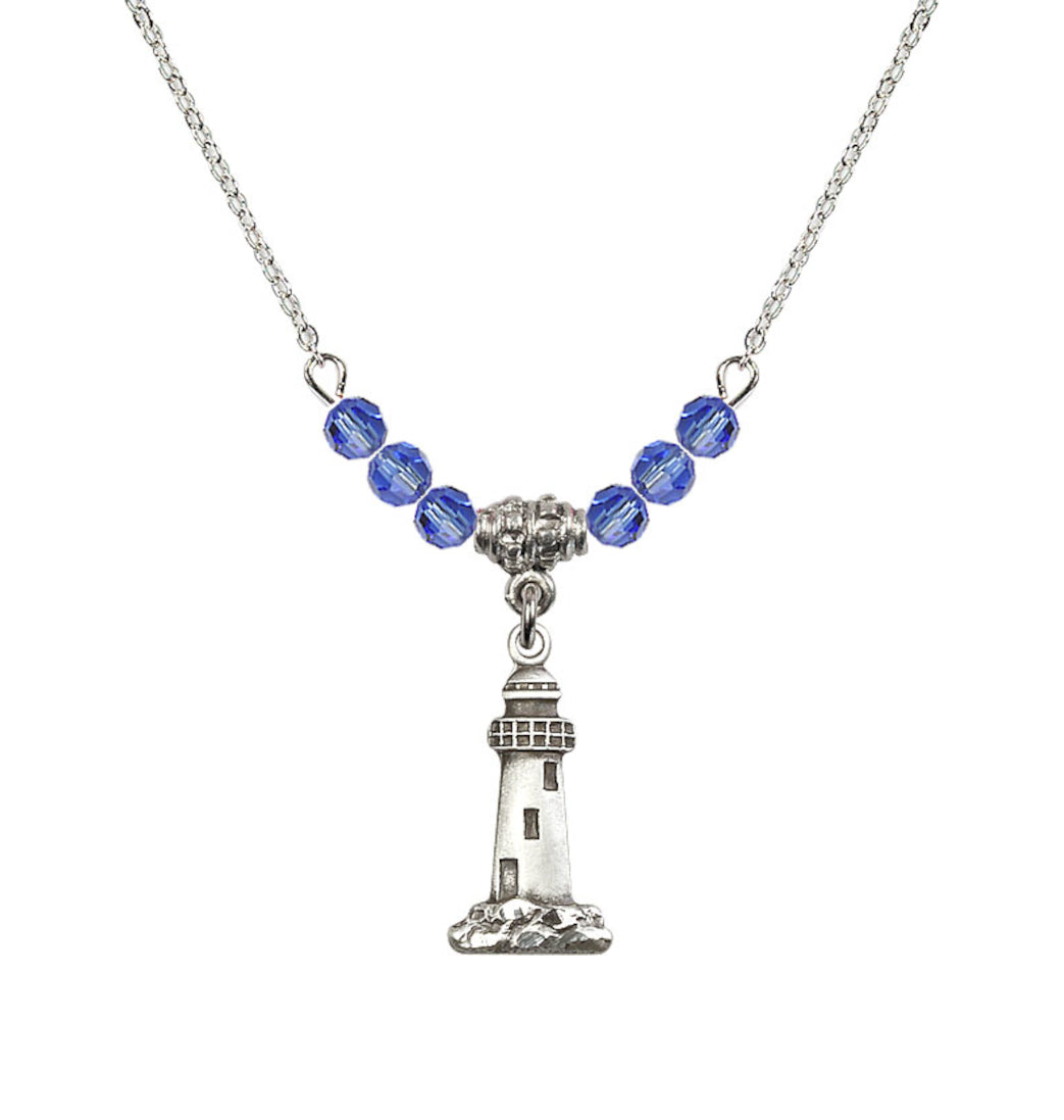 Bliss 4mm Sapphire Crystal Beads featuring a Sterling Silver Lighthouse Medal,