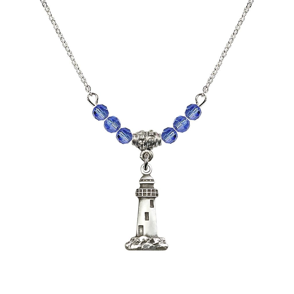 Bliss 4mm Sapphire Crystal Beads featuring a Sterling Silver Lighthouse Medal, Medal Measures 3/4-inch tall by 3/8-inch wide