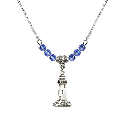 4mm Sapphire Crystal Beads featuring a Sterling Silver Lighthouse Medal, Medal Measures 3/4-inch tall by 3/8-inch wide, Bliss Manufacturing