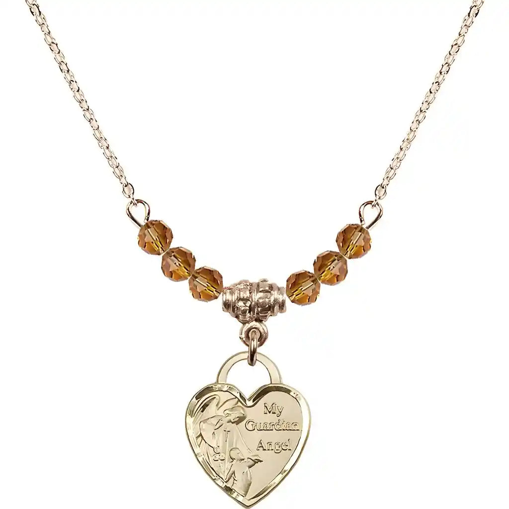 Bliss Heart Shaped Guardian Angel 14kt Gold-filled medal, Birthstone 4mm Austrian Crystal Topaz Beads for November
