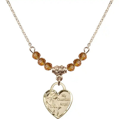 Bliss Heart Shaped Guardian Angel 14kt Gold-filled medal, Birthstone 4mm Austrian Crystal Topaz Beads for November