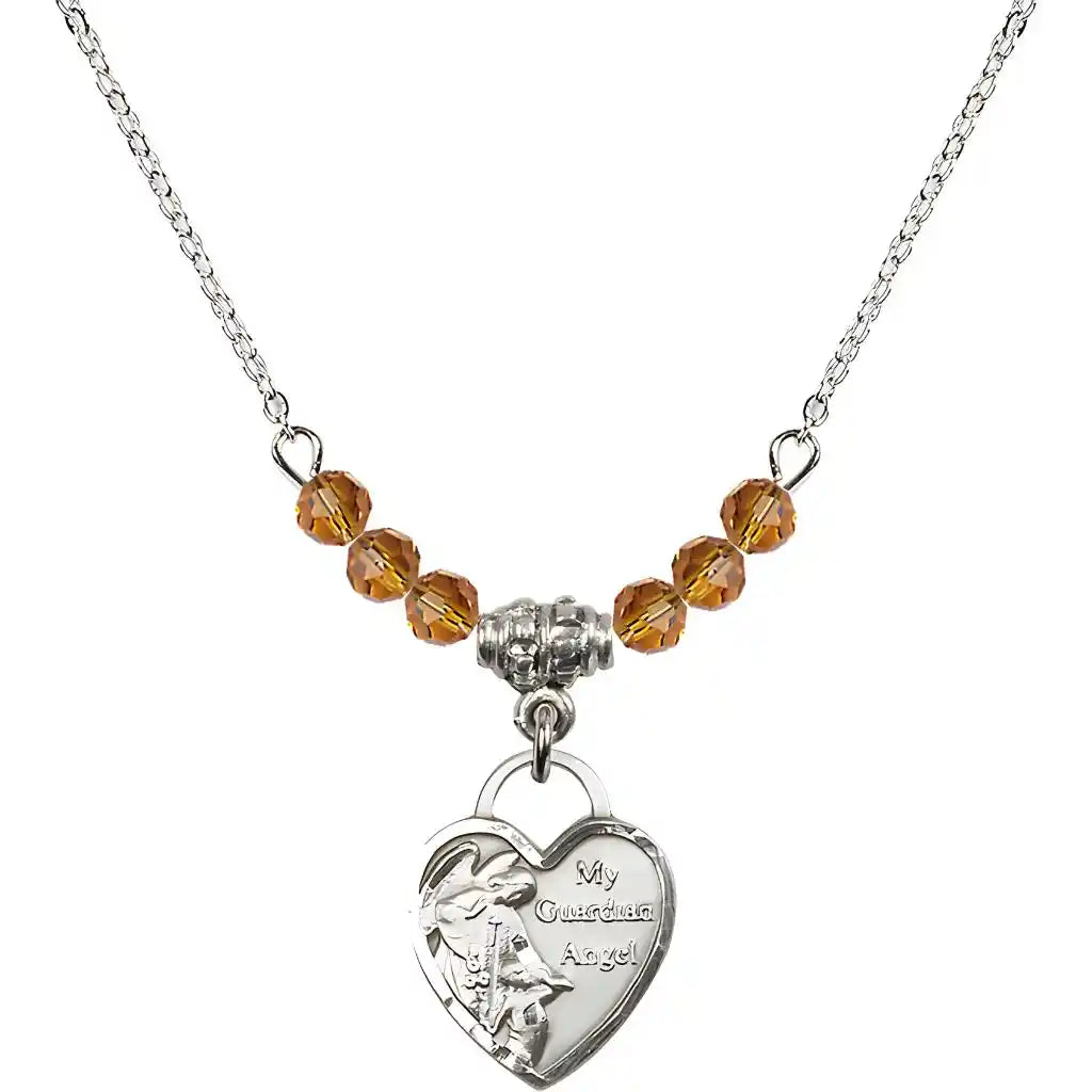 Bliss Small Heart Shaped Guardian Angel Sterling Silver medal, Birthstone 4mm Austrian Crystal Topaz Beads for November