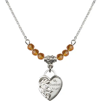 Bliss Small Heart Shaped Guardian Angel Sterling Silver medal, Birthstone 4mm Austrian Crystal Topaz Beads for November