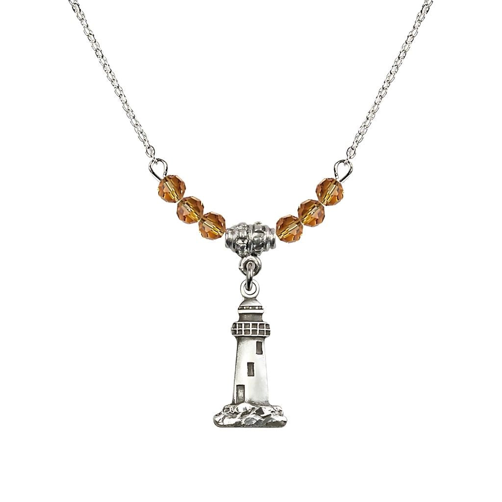 Bliss 4mm Topaz Crystal Beads featuring a Sterling Silver Lighthouse Medal, Medal Measures 3/4-inch tall by 3/8-inch wide