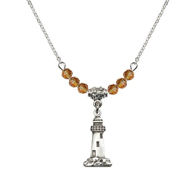 4mm Topaz Crystal Beads featuring a Sterling Silver Lighthouse Medal, Medal Measures 3/4-inch tall by 3/8-inch wide, Bliss Manufacturing