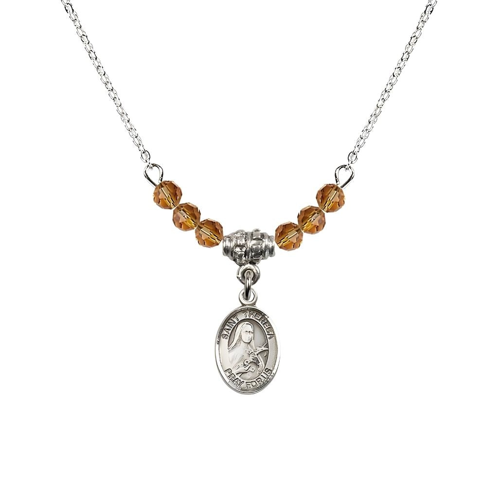 Bliss St. Theresa 4mm Topaz Austrian Crystal Birthstone Necklace with Sterling Silver Charm,