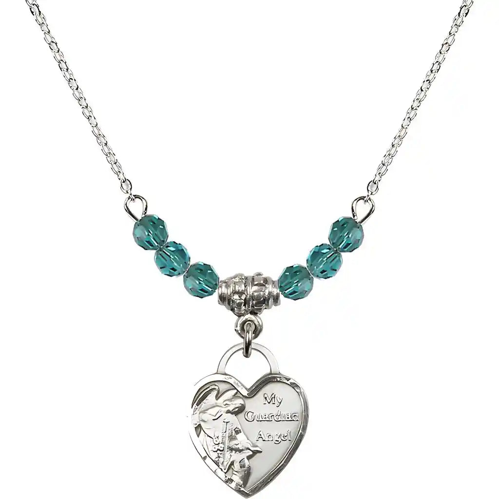 Bliss Small Heart Shaped Guardian Angel Sterling Silver medal, Birthstone 4mm Austrian Crystal Zircon Beads for December