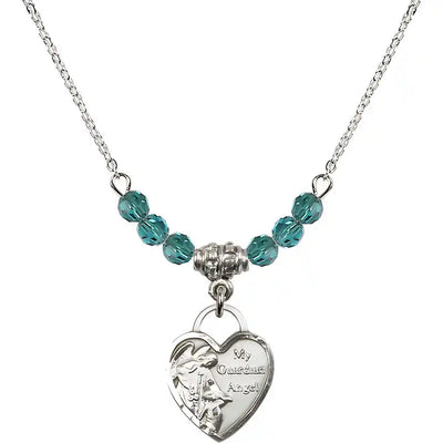 Bliss Small Heart Shaped Guardian Angel Sterling Silver medal, Birthstone 4mm Austrian Crystal Zircon Beads for December