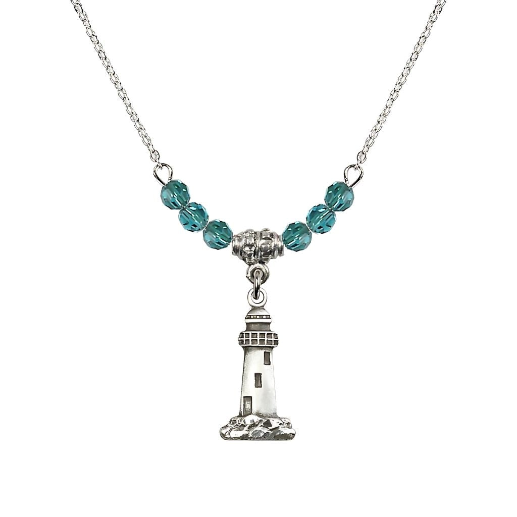 Bliss 4mm Zircon Crystal Beads featuring a Sterling Silver Lighthouse Medal, Medal Measures 3/4-inch tall by 3/8-inch wide