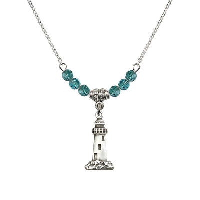 4mm Zircon Crystal Beads featuring a Sterling Silver Lighthouse Medal, Medal Measures 3/4-inch tall by 3/8-inch wide, Bliss Manufacturing