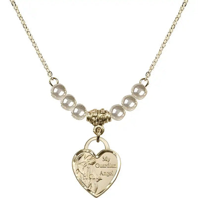 Bliss Heart Shaped Guardian Angel 14kt Gold-filled medal, Birthstone 4mm faux pearl beads