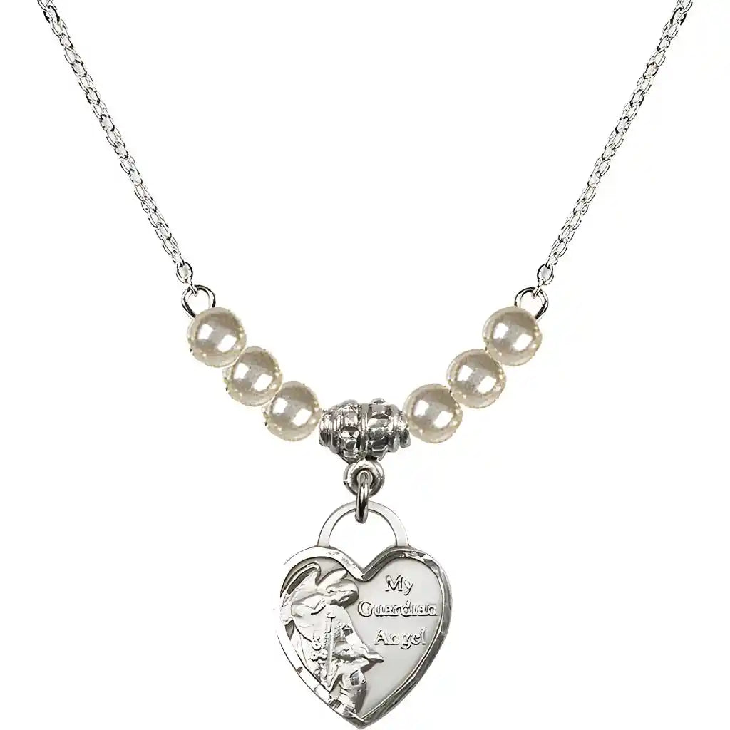 Bliss Small Heart Shaped Guardian Angel Sterling Silver medal, Birthstone 4mm Austrian Crystal Faux Pearl Beads