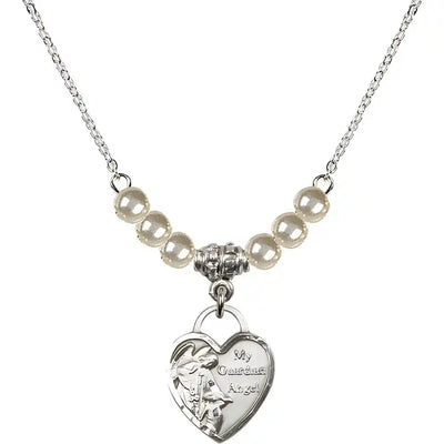 Bliss Small Heart Shaped Guardian Angel Sterling Silver medal, Birthstone 4mm Austrian Crystal Faux Pearl Beads
